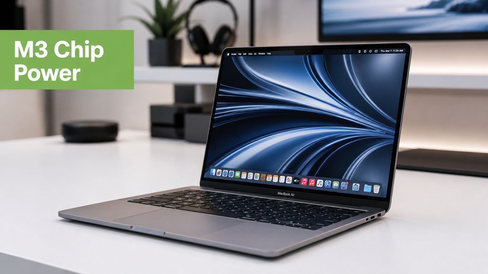 A modern Apple MacBook Air laptop with an M3 chip sitting on a clean white desk workspace.