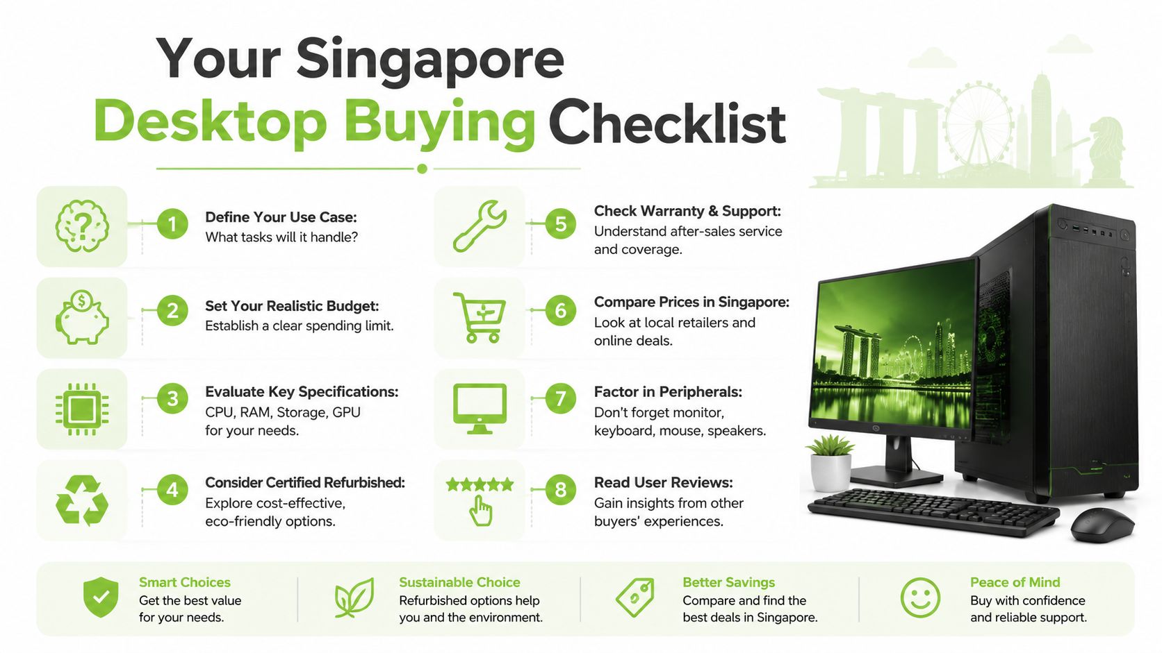 An infographic titled Your Singapore Desktop Buying Checklist featuring eight essential steps for purchasing a computer.