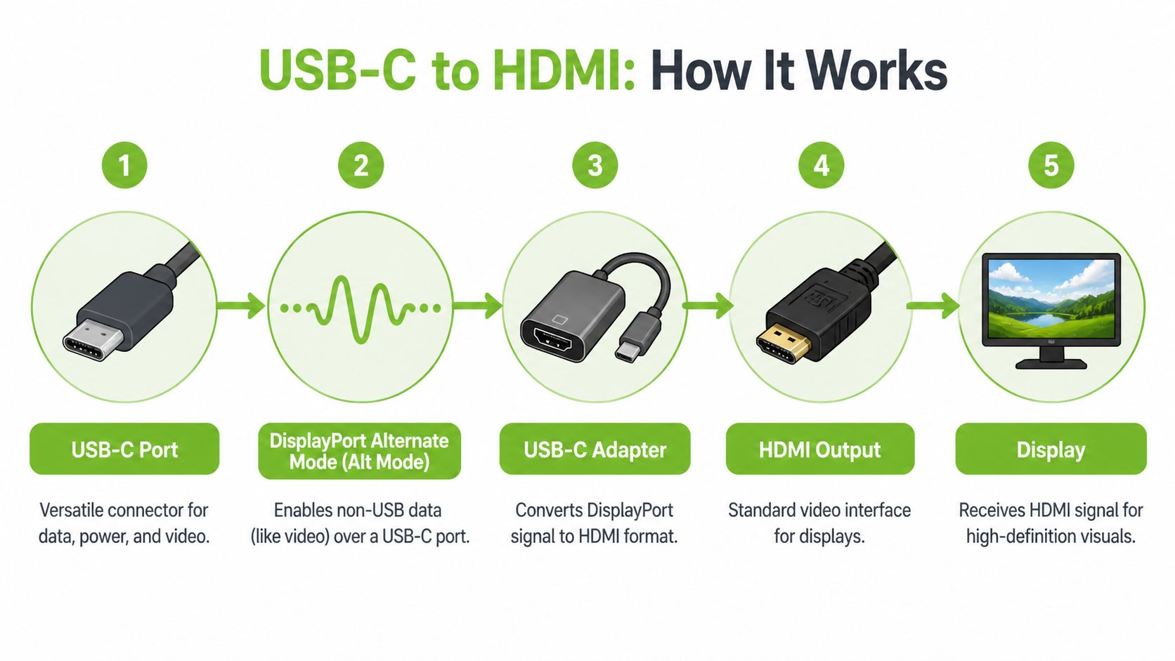 一张图表说明了将 USB-C 视频信号转换为 HDMI 显示的逐步过程。