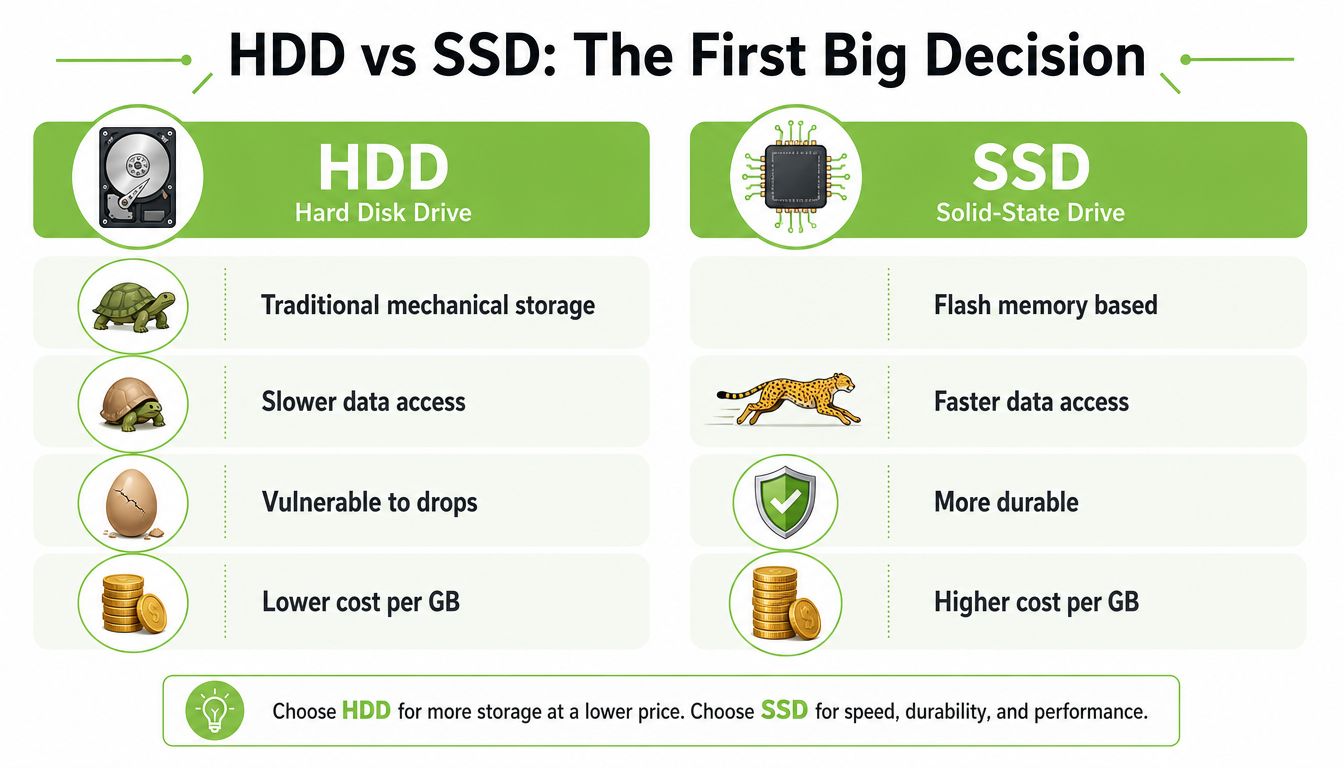 A comparison infographic between Hard Disk Drives and Solid State Drives explaining their key differences and benefits.