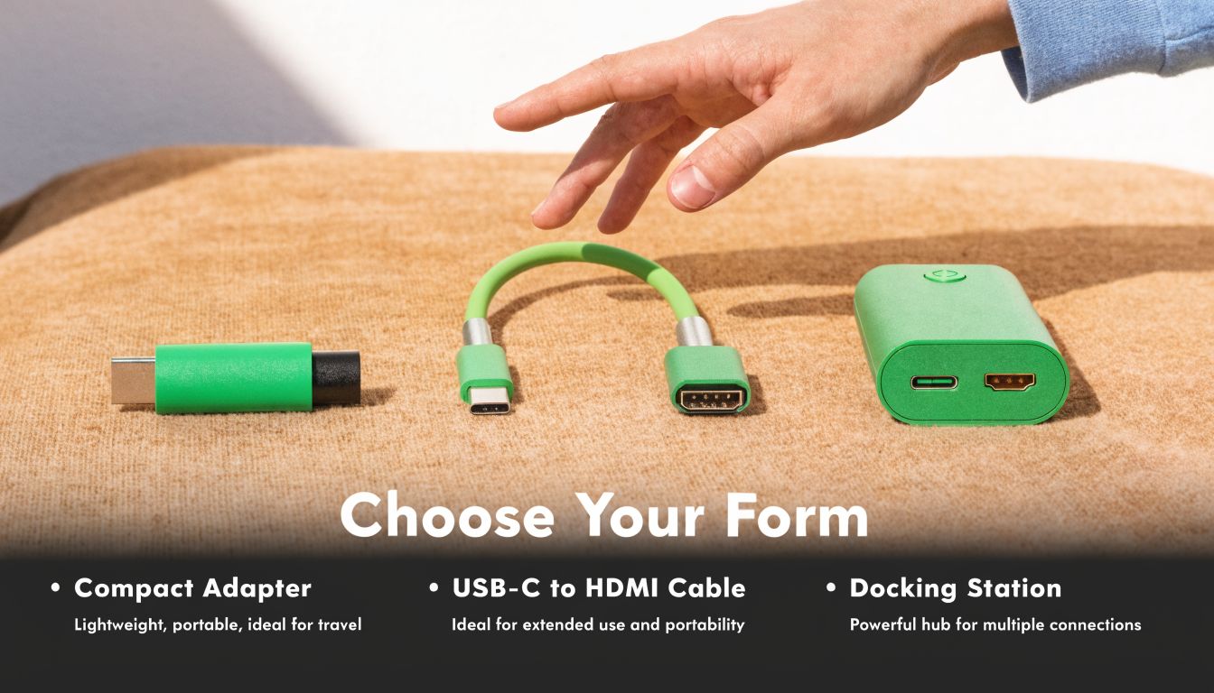 一只手悬停在棕色表面上展示的三种不同绿色的 USB-C 转 HDMI 连接配件上方。
