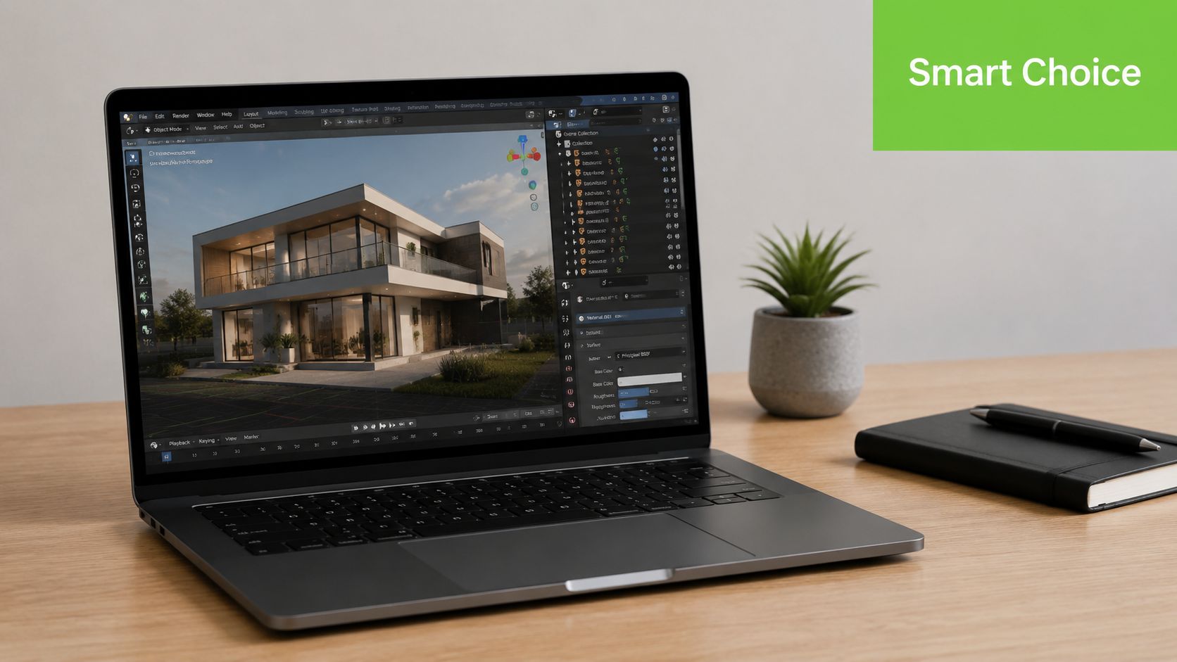 A sleek dark laptop on a wooden desk displaying 3D architectural rendering software with a modern house model.