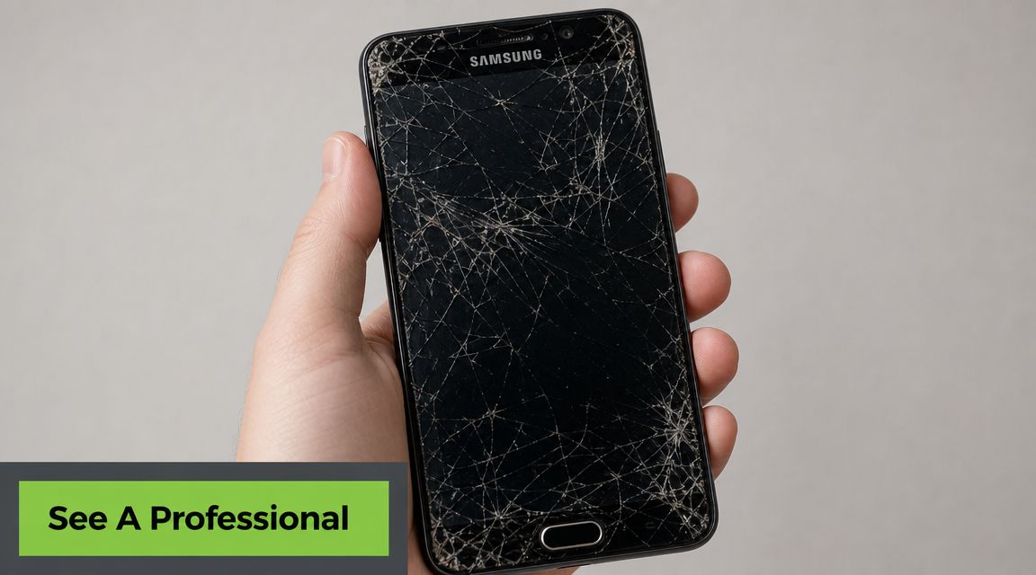 A hand holding a Samsung smartphone with a severely cracked glass screen needing repair services.