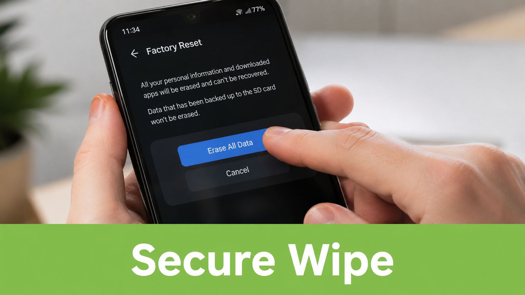 A person pressing the Erase All Data button on a smartphone screen to perform a factory reset.