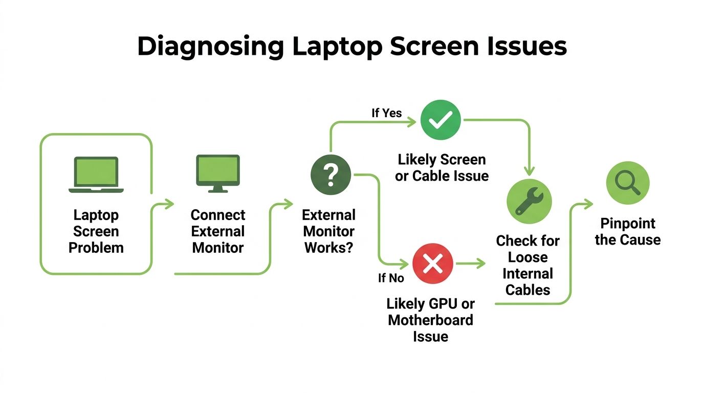 A flowchart diagram showing steps to diagnose common laptop screen issues using an external monitor connection.