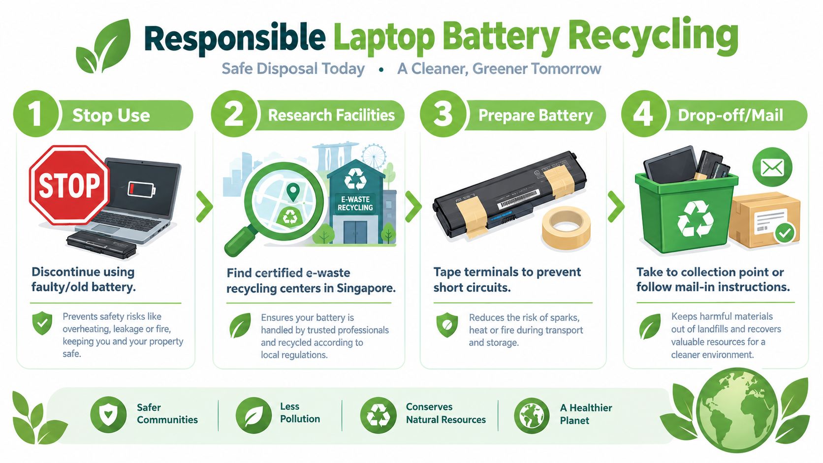 A step-by-step infographic showing how to safely recycle a laptop battery in Singapore for environmental protection.