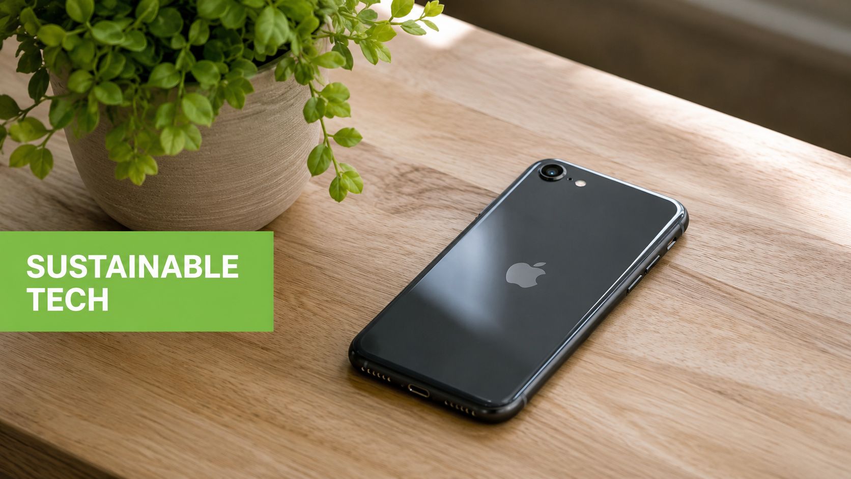 A modern black smartphone placed on a light wooden table next to a green potted plant.