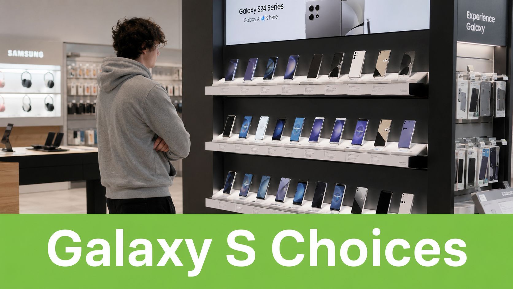 A person standing in a store looking at a display shelf featuring various Samsung Galaxy smartphone models.