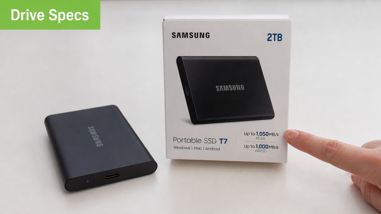 A Samsung T7 portable SSD drive sitting next to its product packaging on a white desk.
