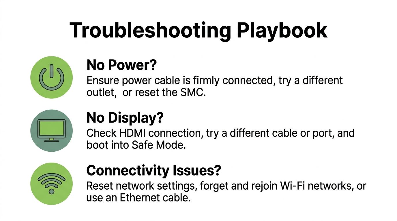 A troubleshooting guide for Mac Mini with tips for power, display, and connectivity issues.