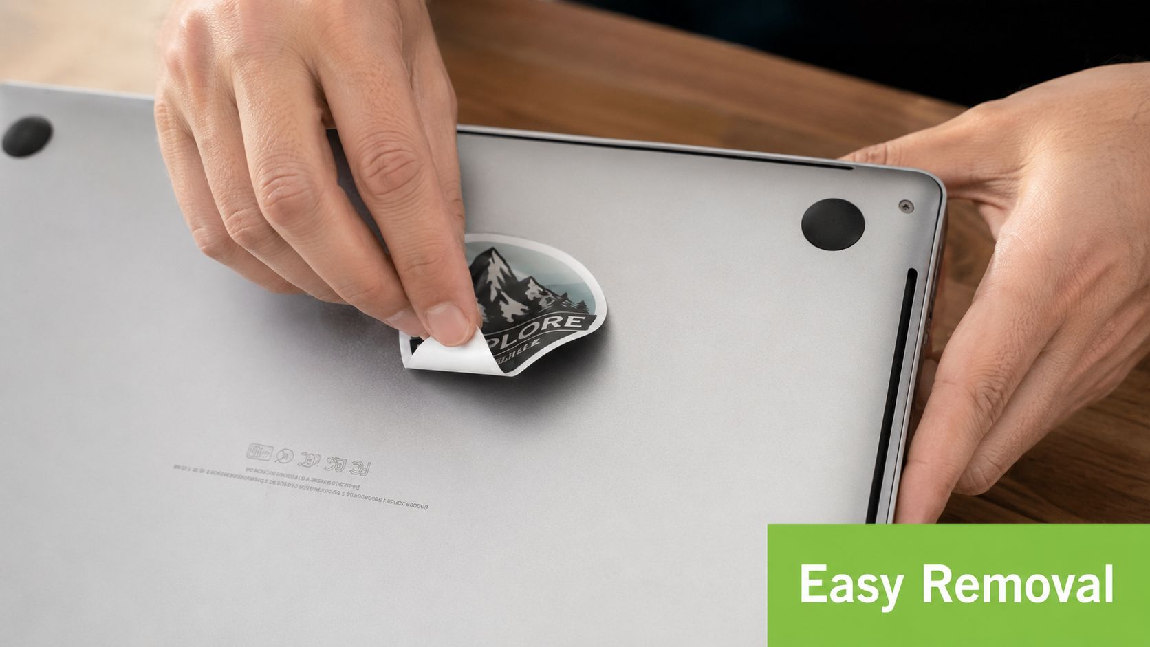 A person peels a decorative mountain themed explore sticker off the silver aluminum cover of a laptop.