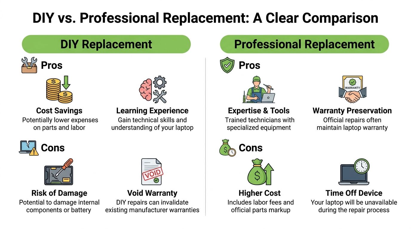 A comparison infographic showing the pros and cons of DIY versus professional laptop battery replacement services.
