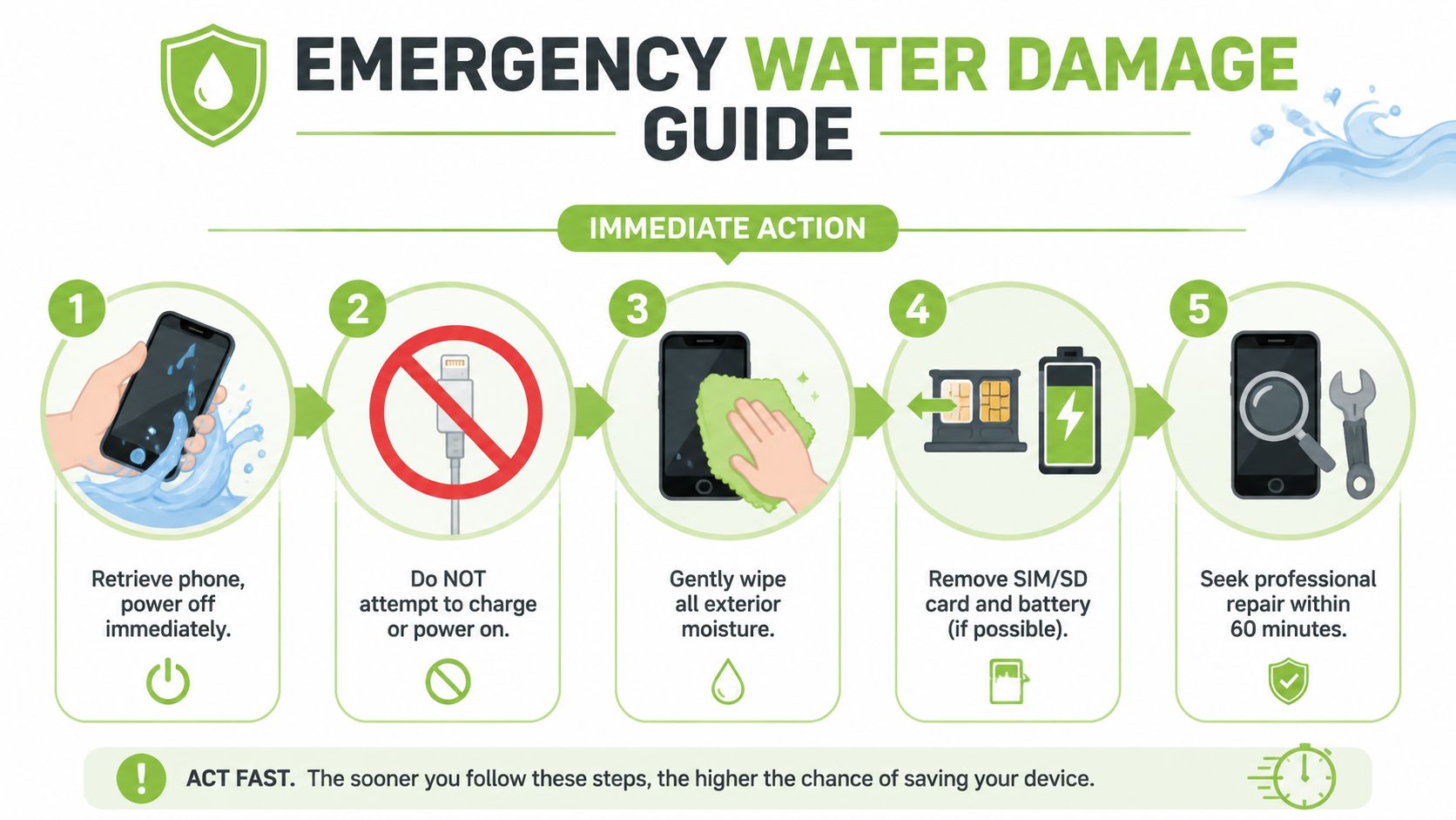 An infographic titled Emergency Water Damage Guide outlining five immediate steps to take for a wet smartphone.