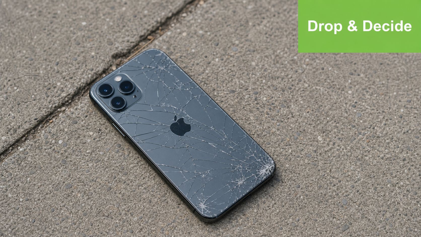A cracked iPhone back glass resting on a rough concrete surface, showcasing damage from a fall.