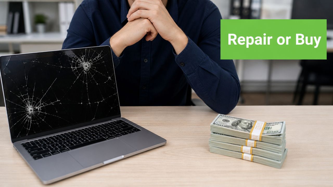 A person sitting at a desk with a broken laptop screen next to stacks of money.
