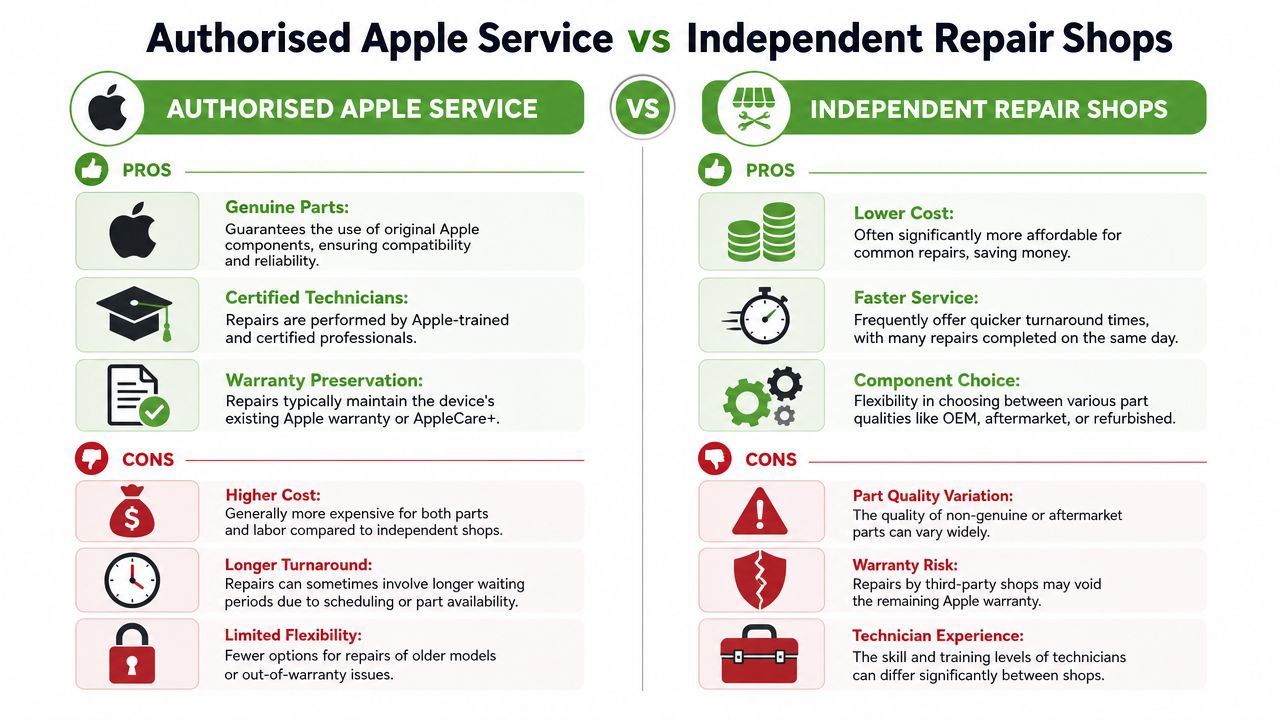 A comparison chart showing pros and cons of Authorised Apple Service versus Independent Repair Shops for electronics.