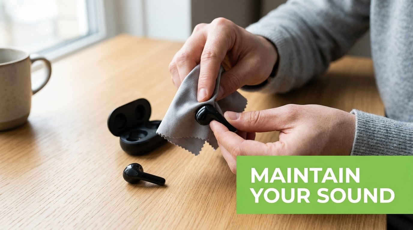 A person cleaning black wireless earbuds with a grey microfiber cloth on a wooden table.