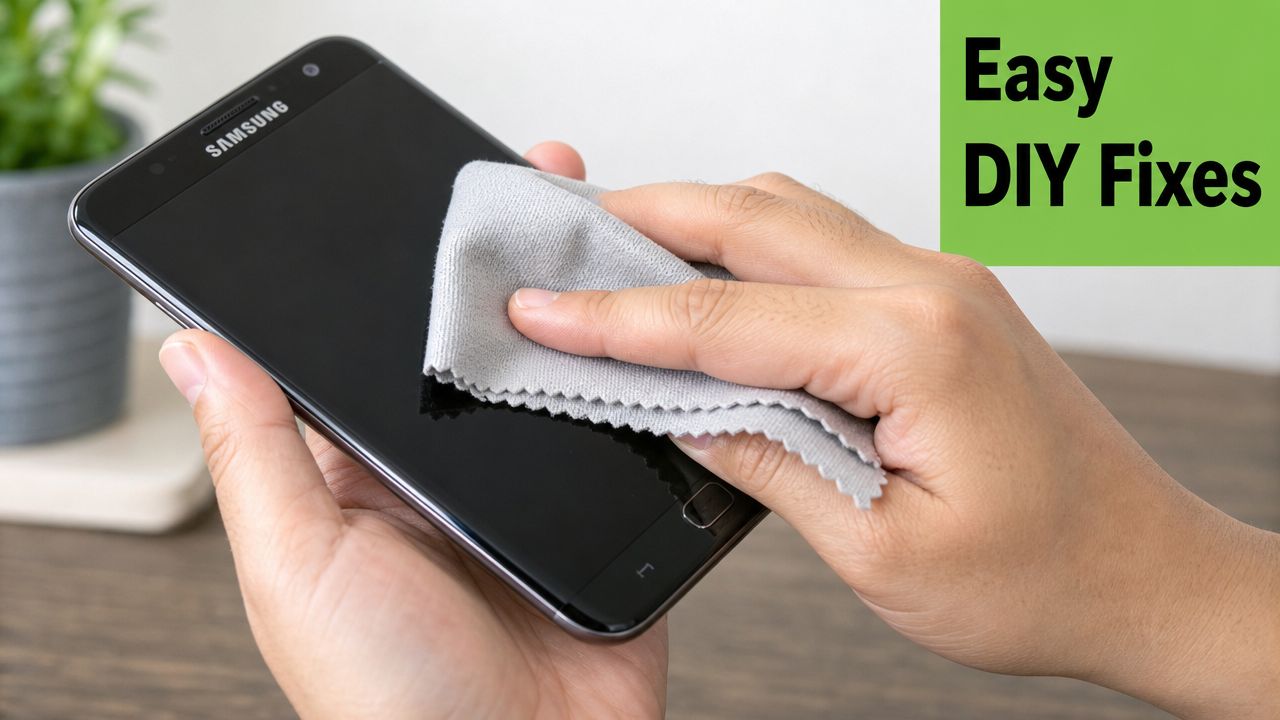 A person cleaning a Samsung smartphone screen with a small microfiber cloth for maintenance.