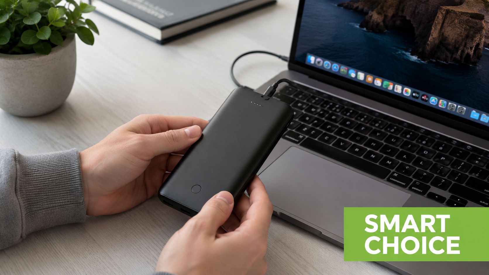 A person holding a black portable power bank connected to a laptop on a desk.