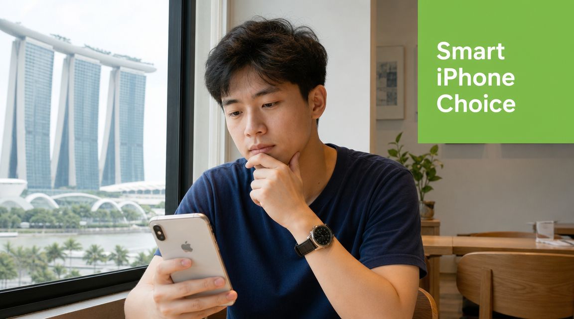 A young man sitting by a window overlooking Marina Bay Sands while thoughtfully browsing his Apple iPhone.