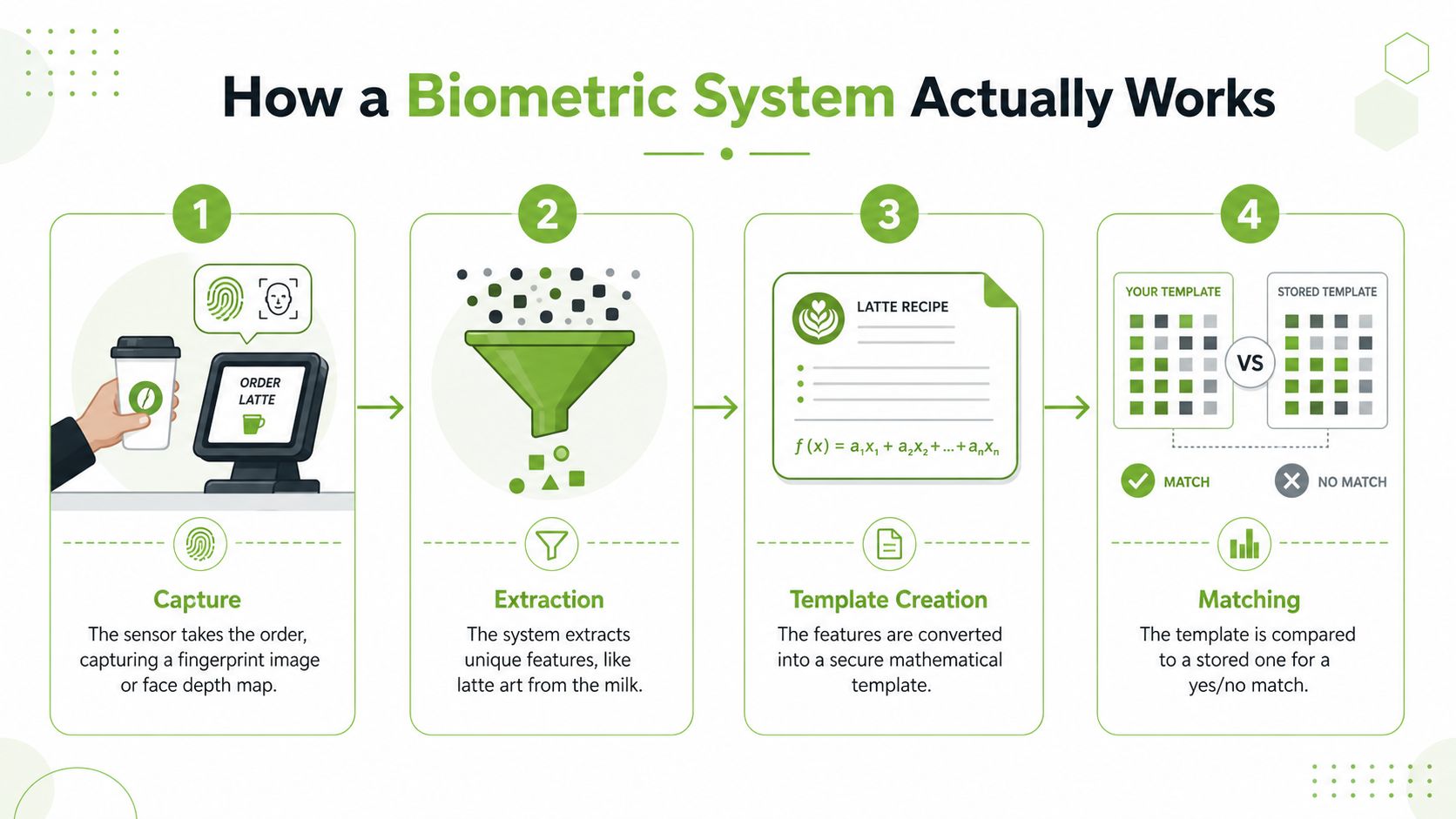 An infographic showing the four steps of how a biometric security system processes data to verify identities.