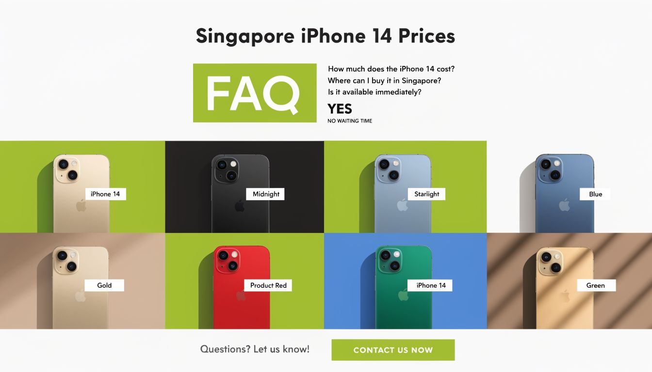 一张宣传图片，展示了各种 iPhone 14 颜色选项，以及常见问题信息和联系方式。