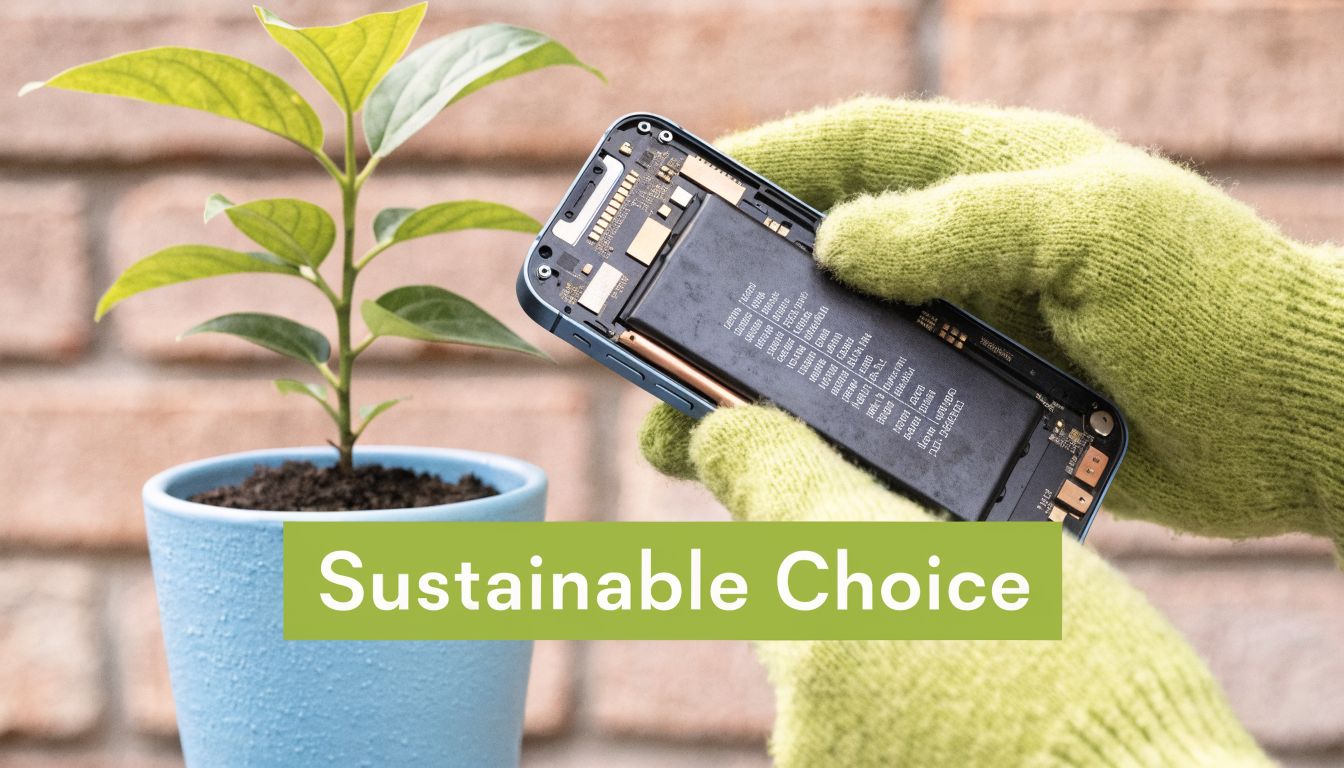 A person wearing green gloves holds an open smartphone near a small plant in a blue pot.