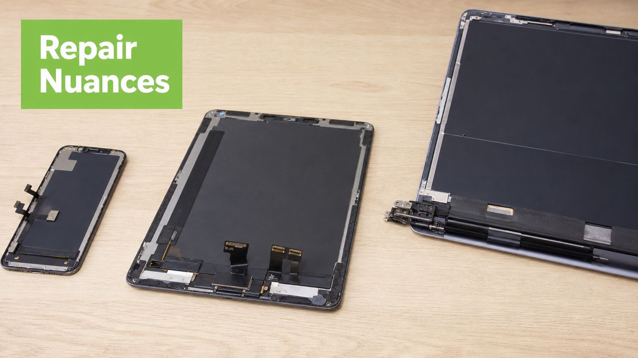 Disassembled smartphone and tablet screens displayed on a wooden surface for repair and maintenance purposes.