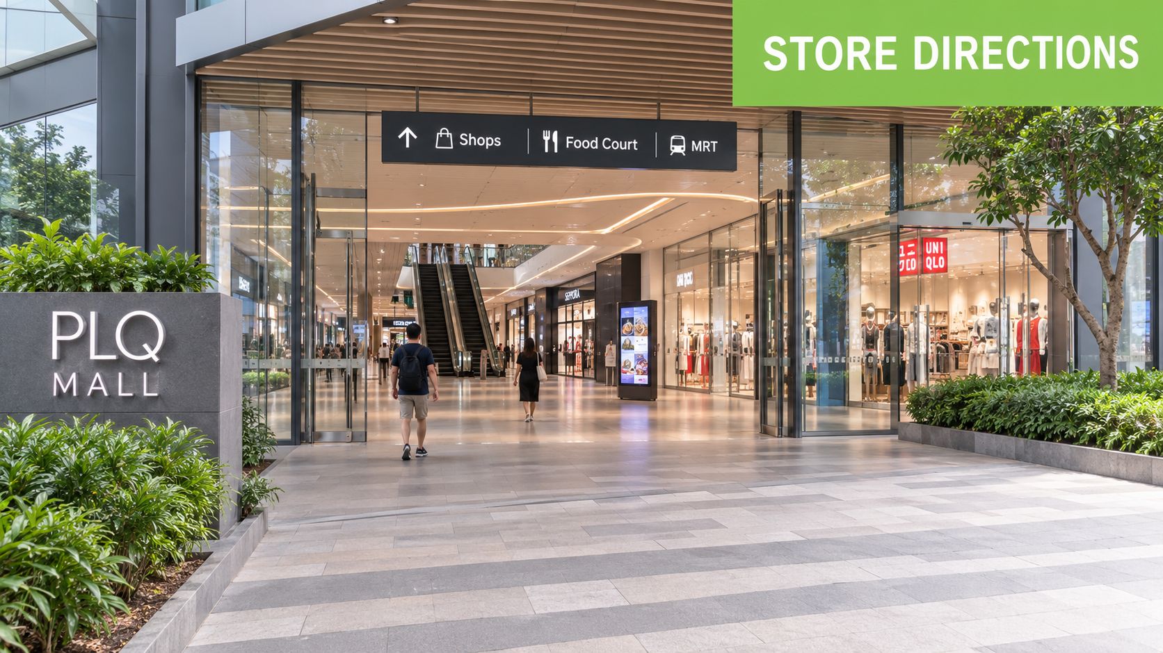 Exterior view of the entrance to Paya Lebar Quarter (PLQ) Mall featuring a modern shopping center design.