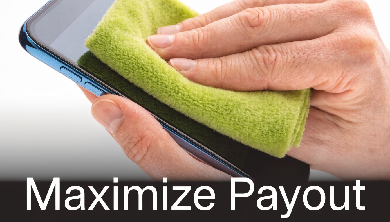 A close-up view of a person wiping a smartphone screen with a soft green microfiber cloth.