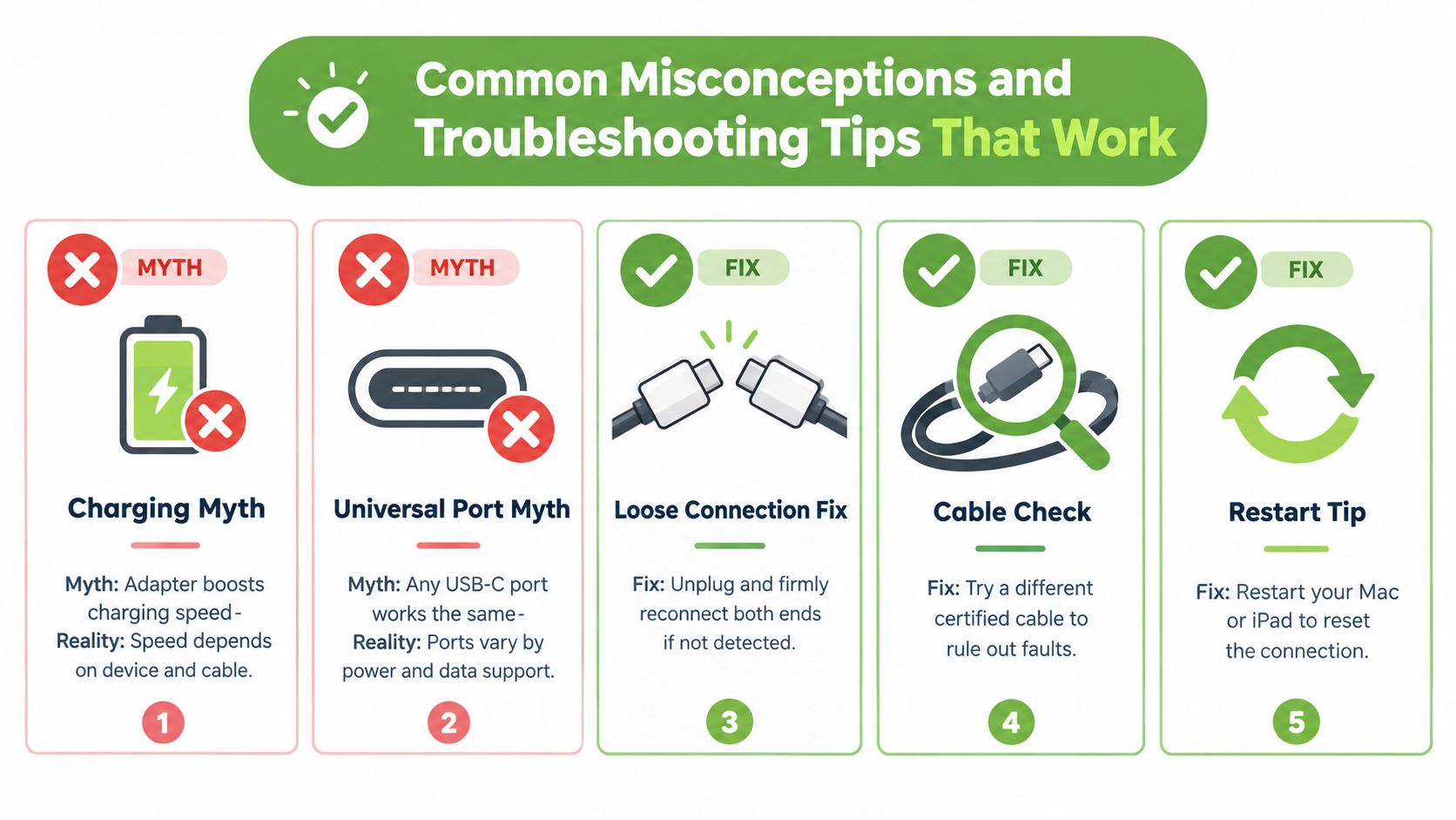 An infographic illustrating common misconceptions and troubleshooting tips for Apple USB-C adapters, cables, and charging devices.