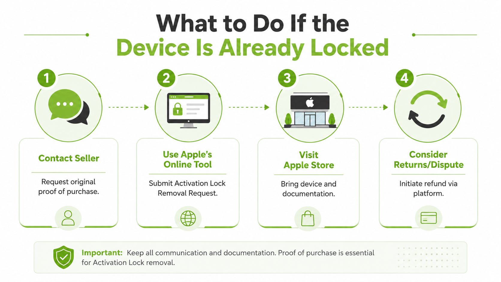 A step-by-step infographic titled What to Do If the Device Is Already Locked showing four actionable steps.