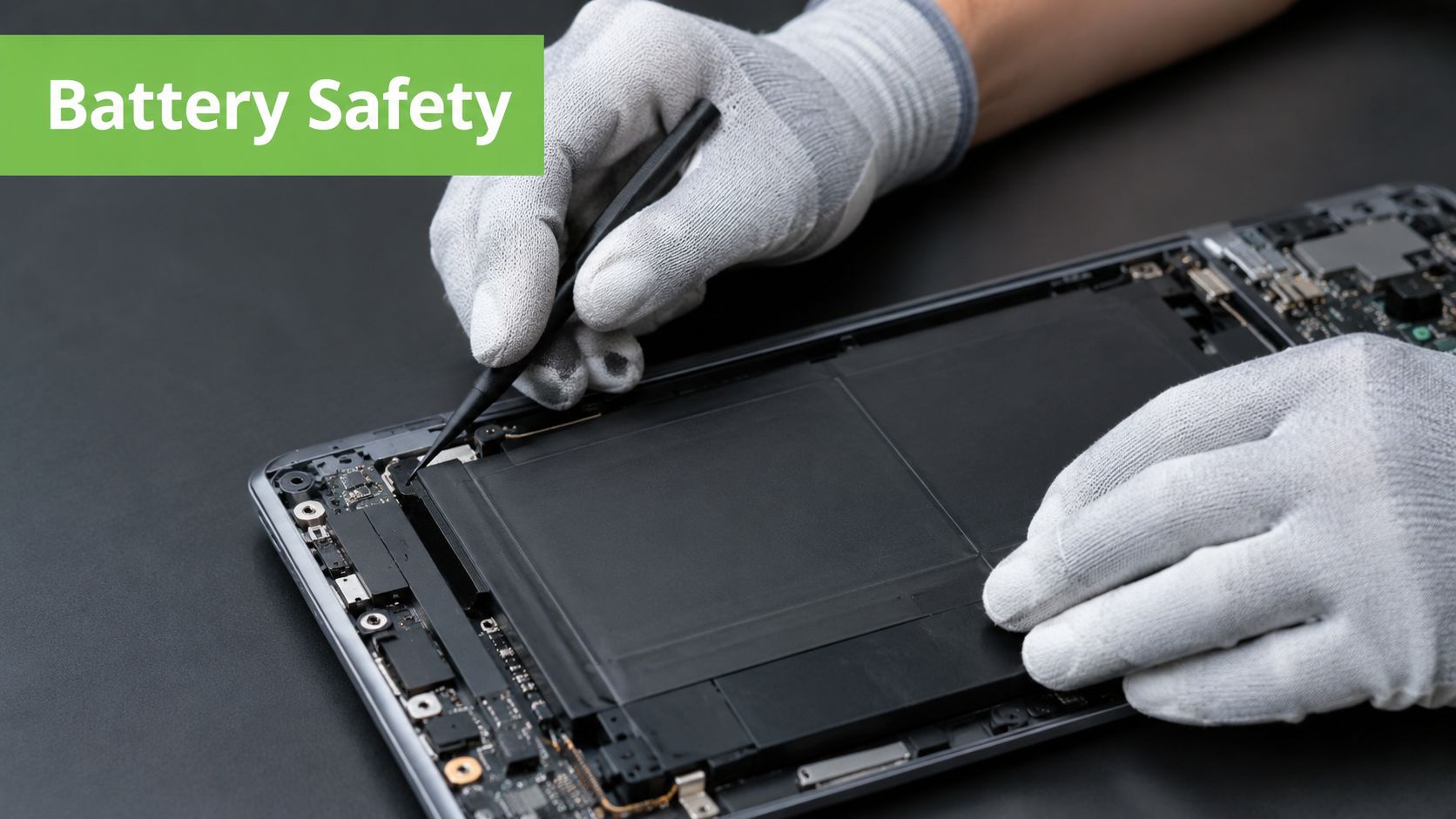 A technician wearing white protective gloves carefully repairs a laptop battery using a precision tool.