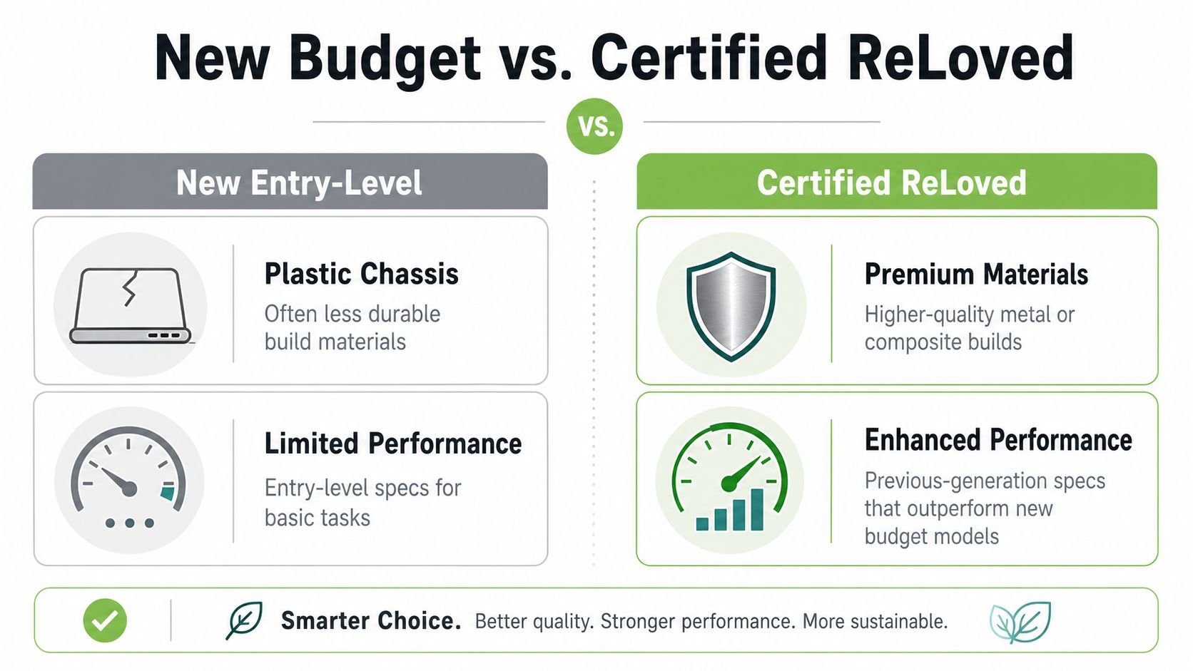 A comparison chart showing benefits of Certified ReLoved devices over new entry-level budget laptops.