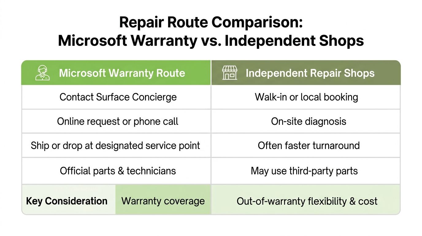 A comparison table outlining the key differences between using Microsoft warranty services versus independent repair shops for devices.