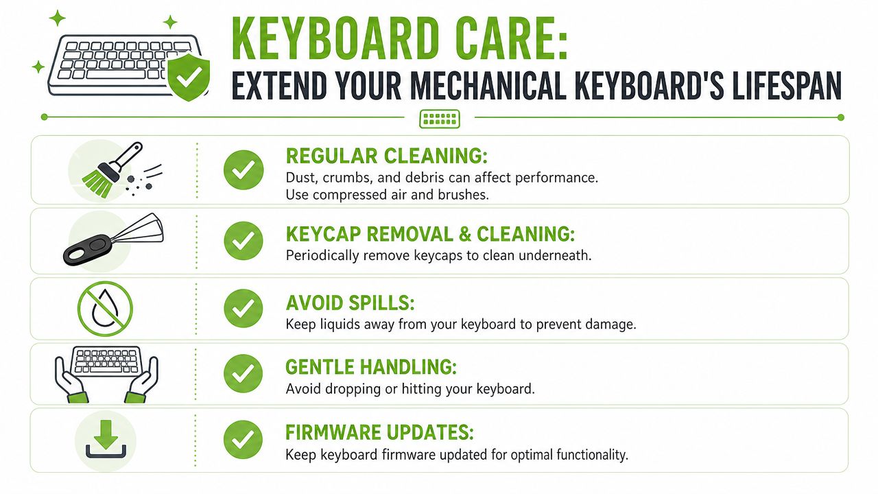 An infographic titled Keyboard Care providing five tips to maintain and extend the lifespan of mechanical keyboards.