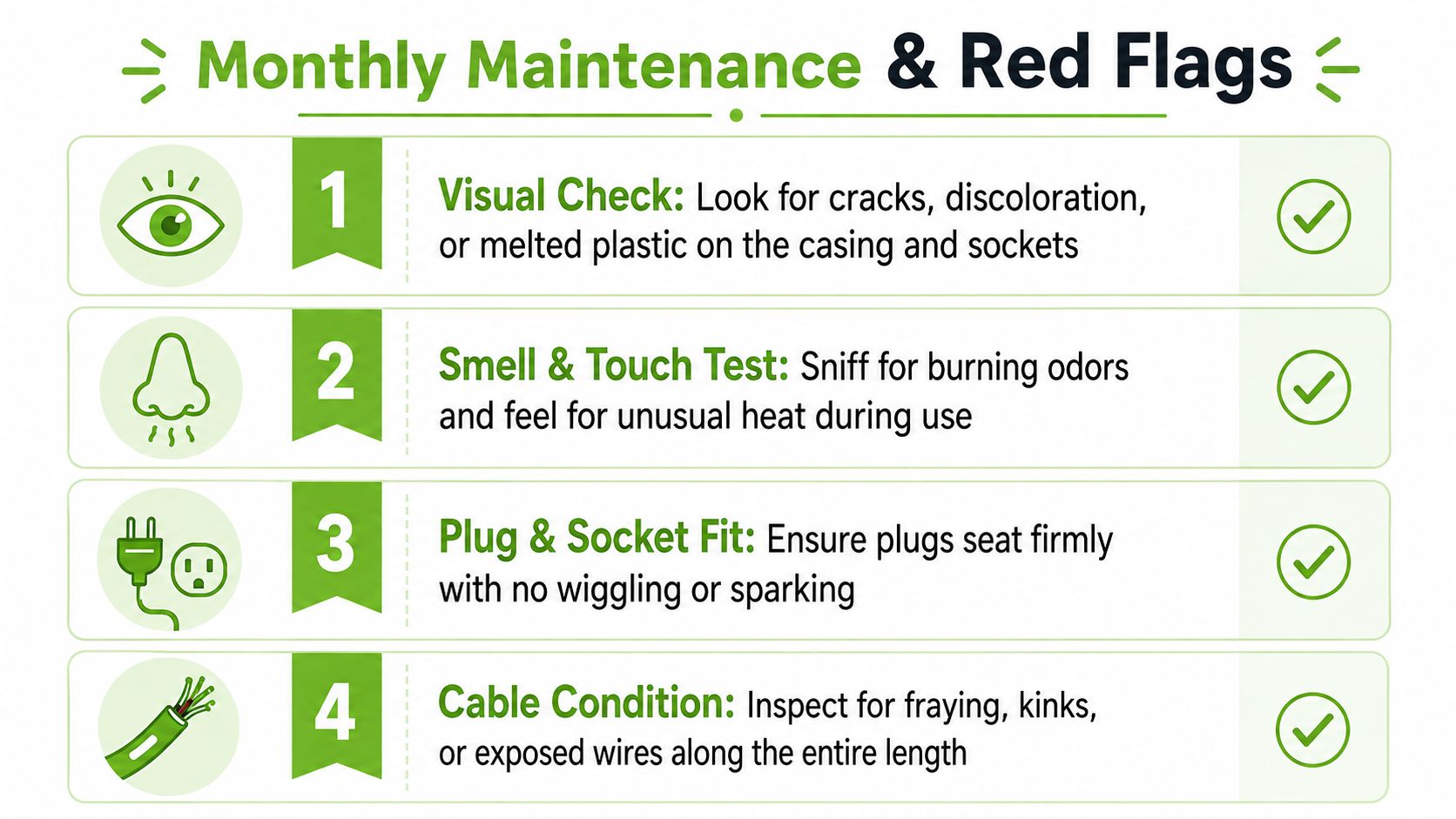 A four-step infographic illustrating monthly maintenance and safety checks for electrical plugs, cables, and power sockets.
