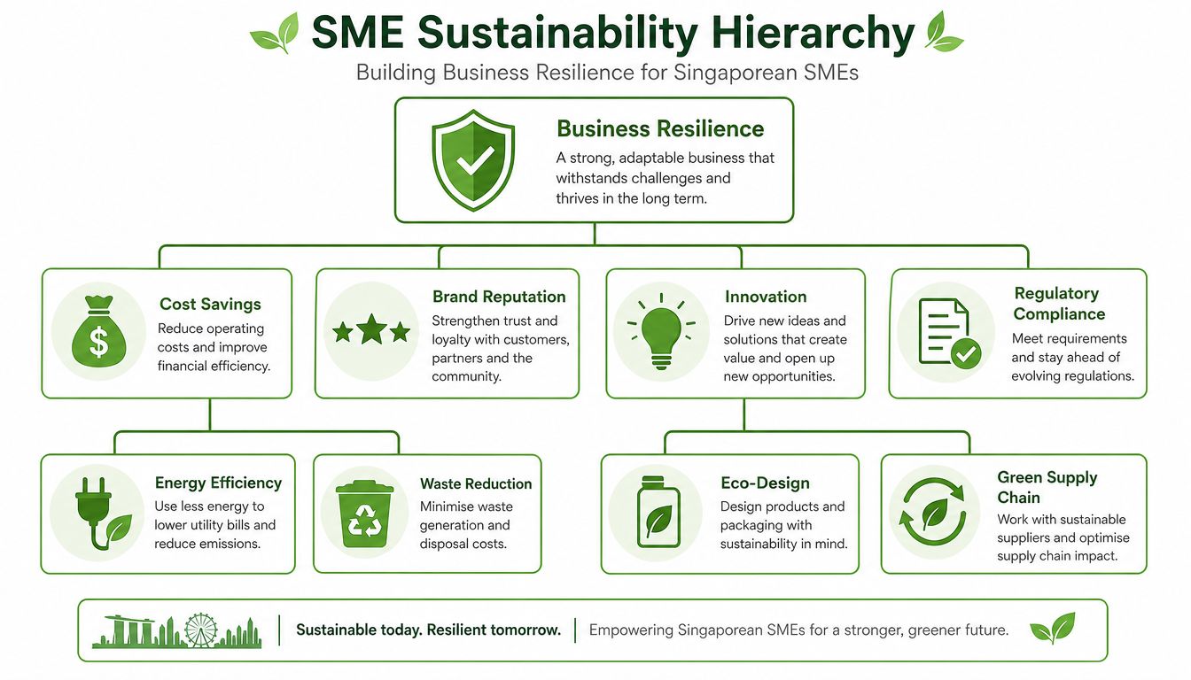 A hierarchical chart illustrating how Singaporean SMEs can achieve business resilience through sustainability strategies and practices.