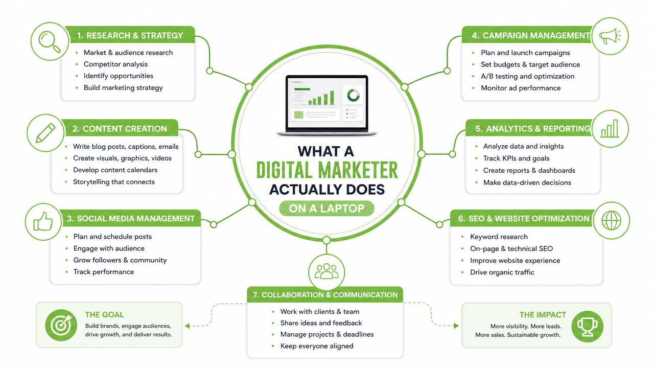 A diagram illustrating the seven core responsibilities of a digital marketer performed on a laptop computer.