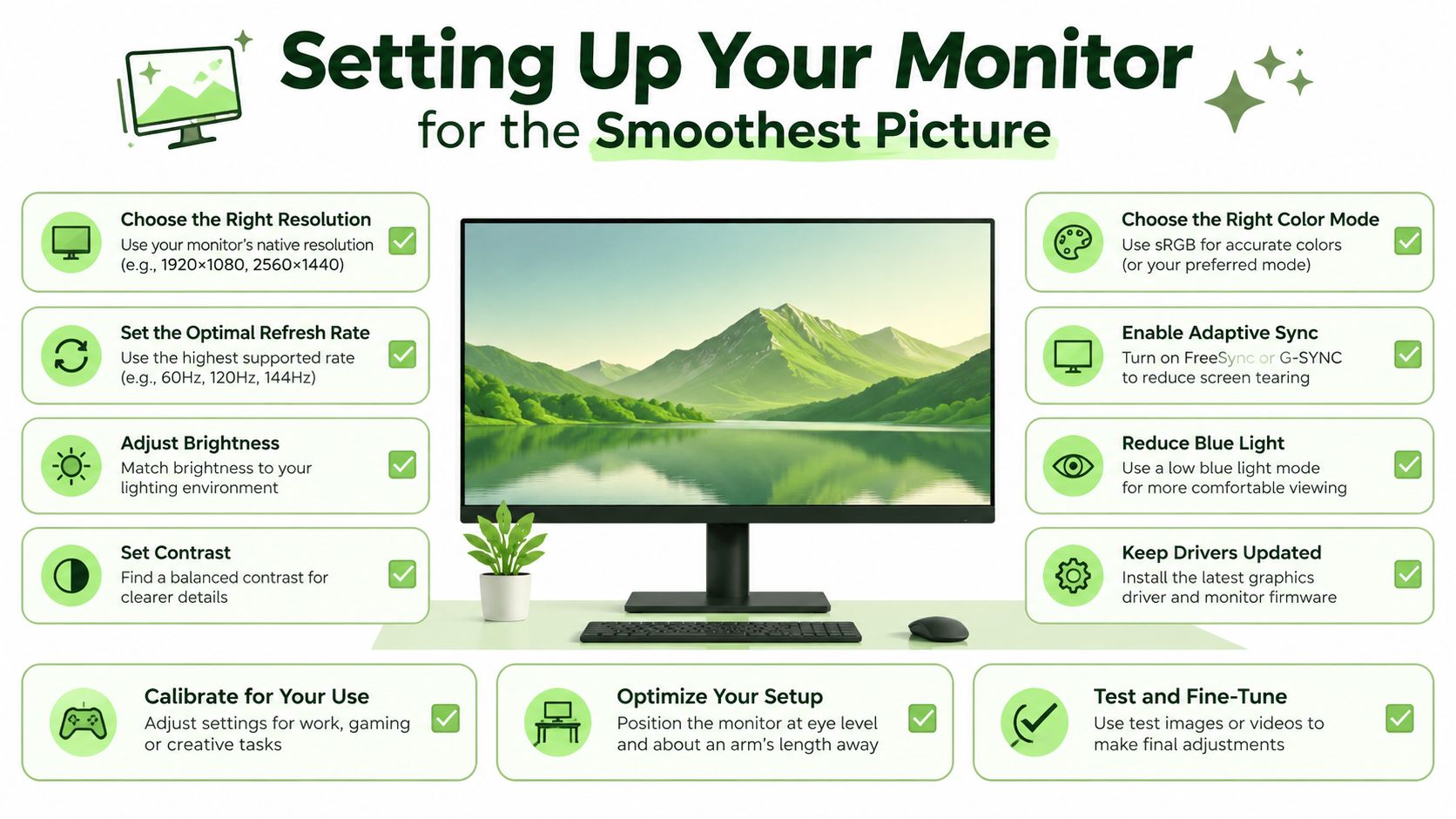 An infographic titled Setting Up Your Monitor for the Smoothest Picture showing essential tips for optimizing display settings.