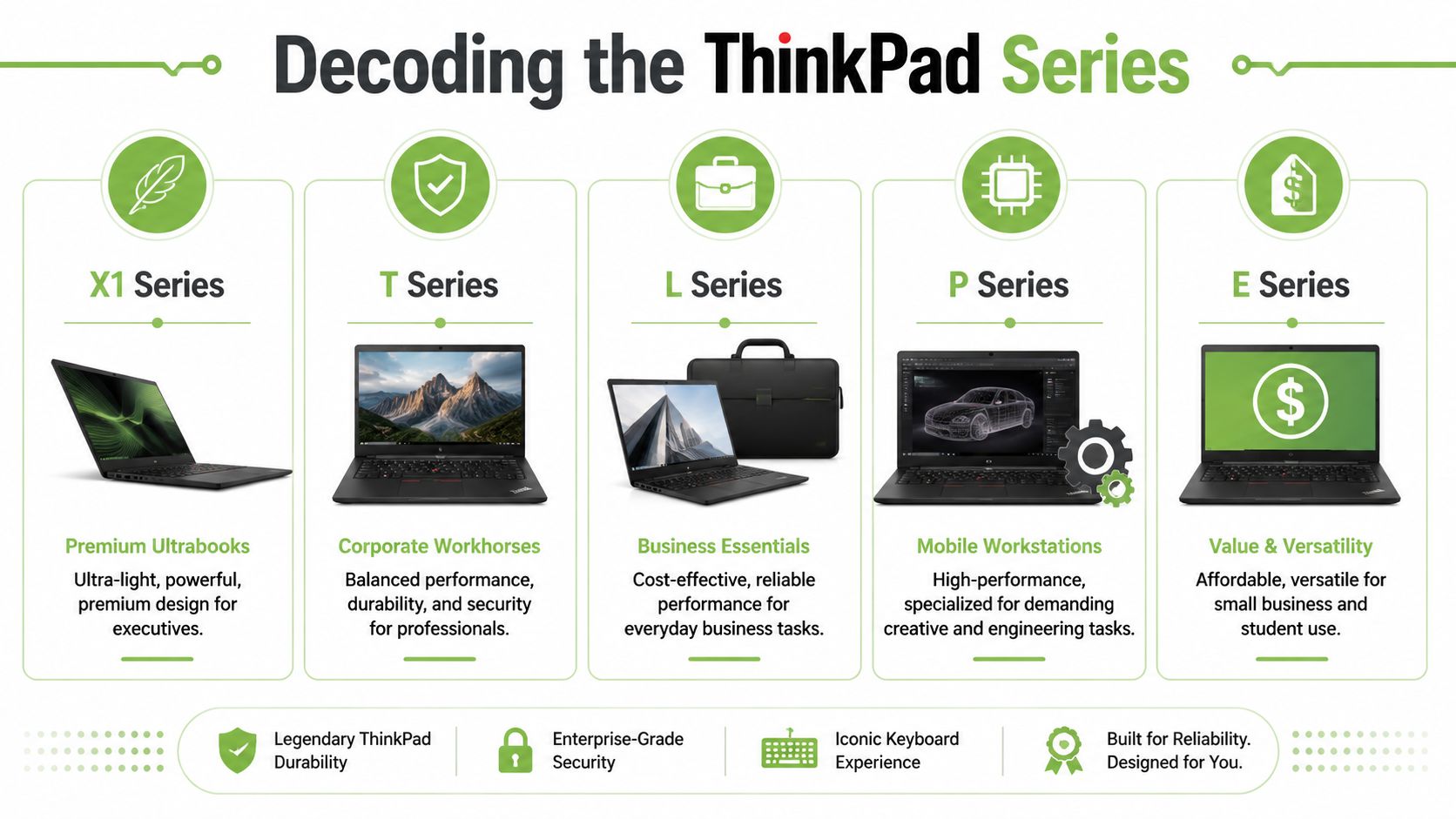 An infographic titled Decoding the ThinkPad Series showcasing features of different Lenovo ThinkPad laptop models.