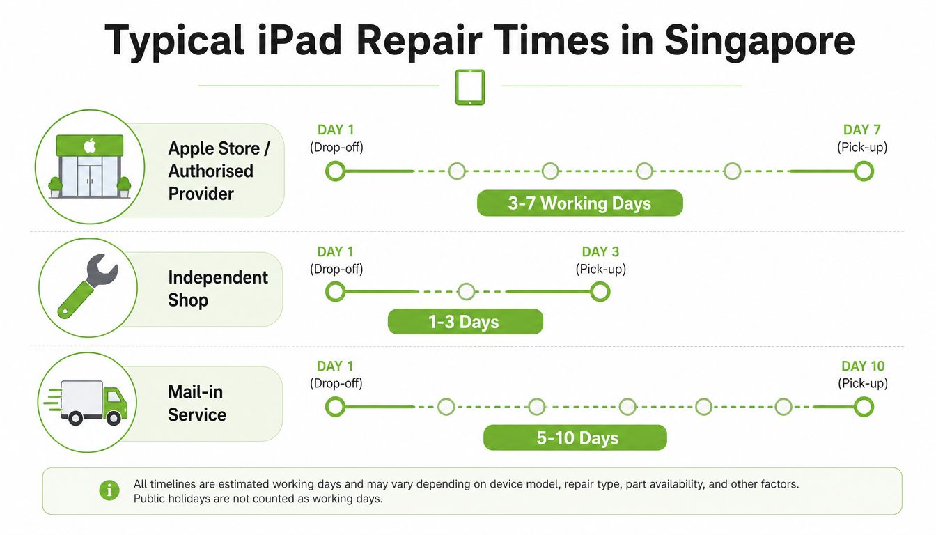 An infographic showing the typical repair times for iPads at Apple stores, independent shops, and mail-in services.