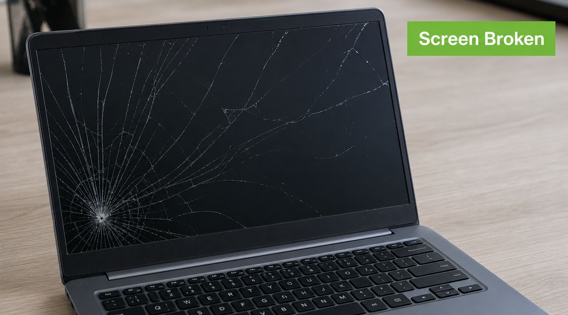 A close-up view of a dark laptop screen with extensive cracks spread across the glass panel.