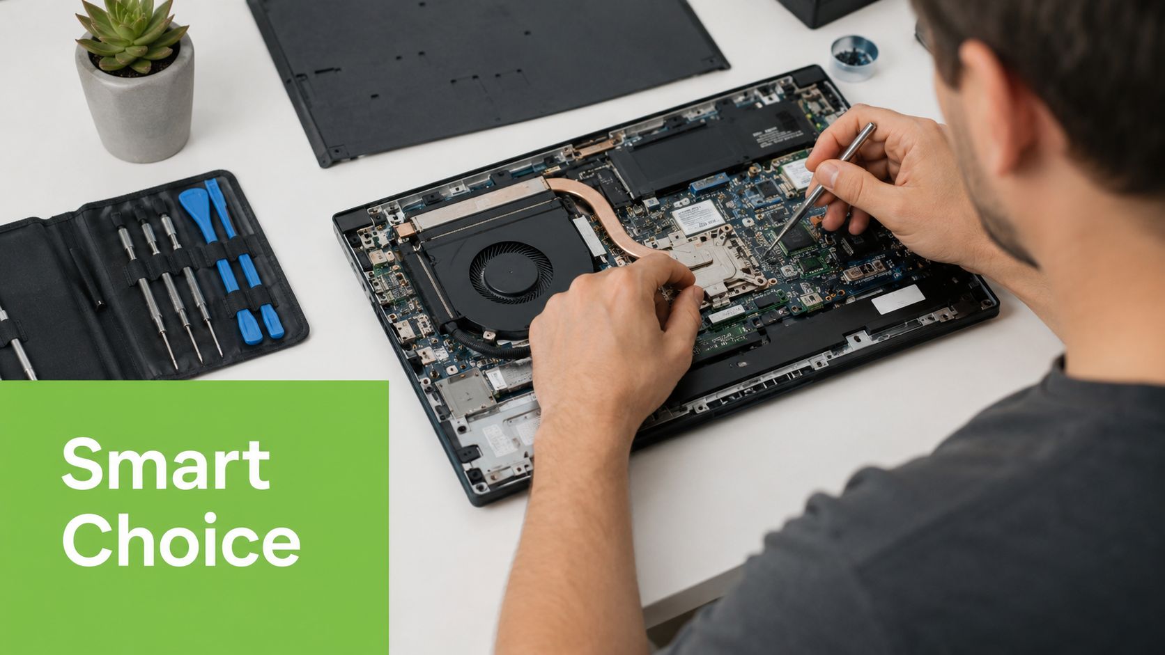 A technician repairing the internal components of a laptop on a white desk with professional tools.