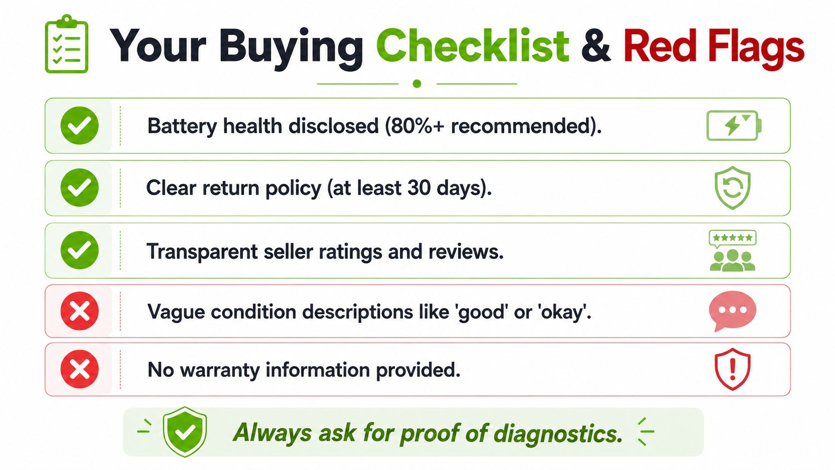 A checklist infographic guiding consumers on how to safely purchase refurbished electronic devices with red flags.