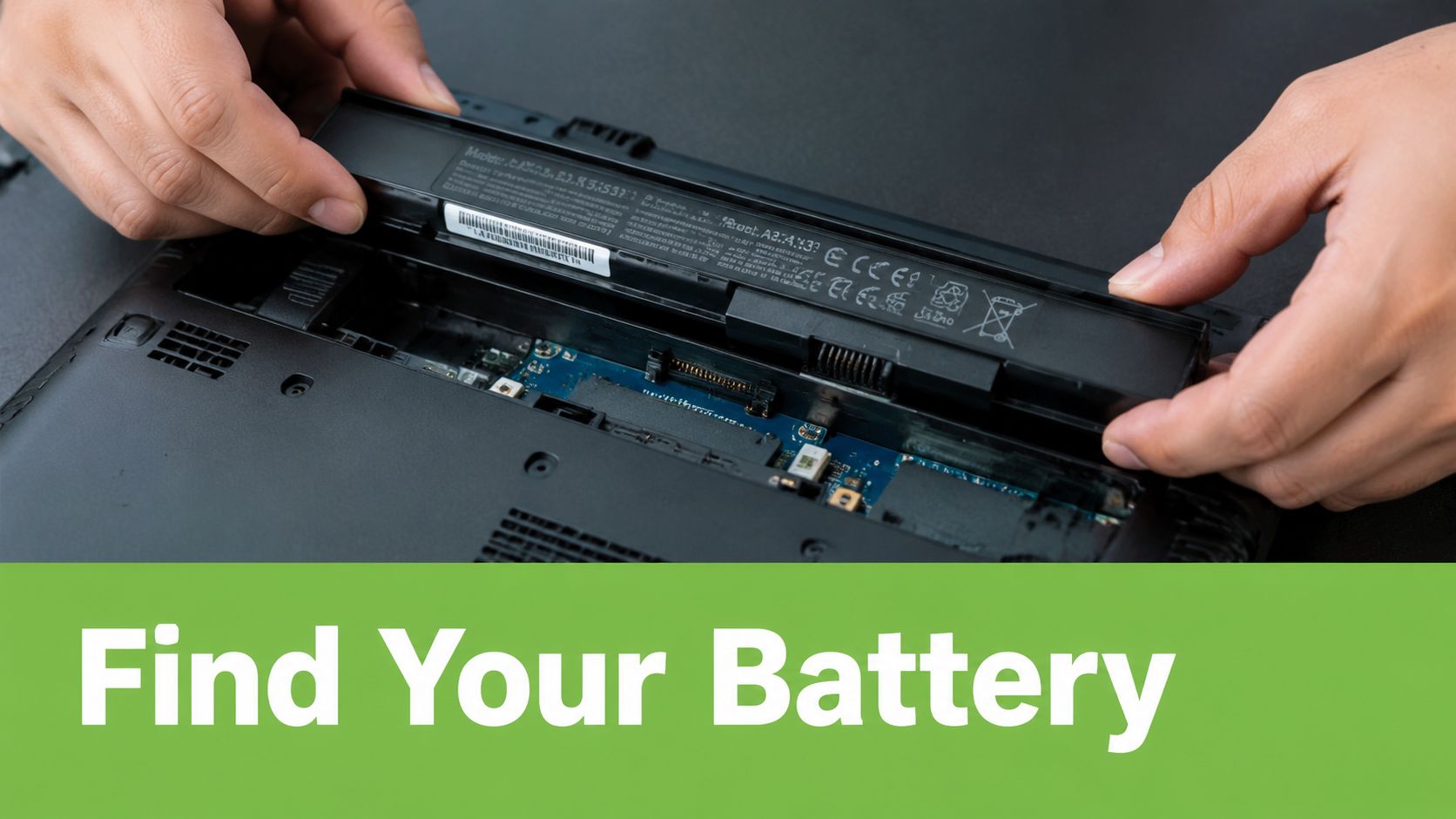 A close up view of hands installing or removing a black rectangular laptop battery from the device.