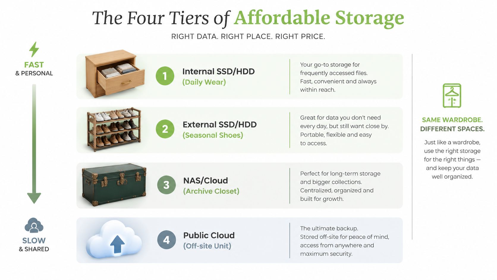 An infographic showing the four tiers of affordable storage solutions, moving from fast local storage to slower cloud storage.