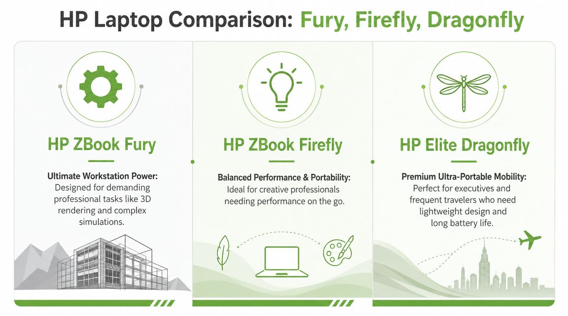 A comparison chart of HP ZBook Fury, ZBook Firefly, and Elite Dragonfly laptops highlighting their key features.