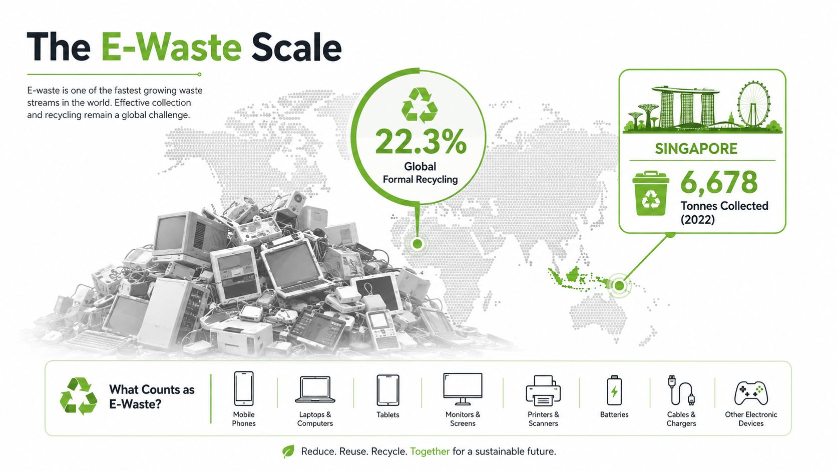 An infographic titled The E-Waste Scale displaying global recycling percentages and e-waste statistics for Singapore.
