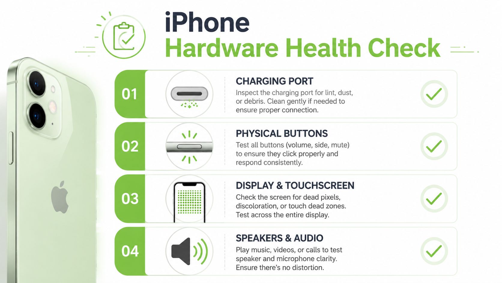 一张信息图，详细介绍了排查和维护 Apple iPhone 设备的四步硬件健康检查清单。